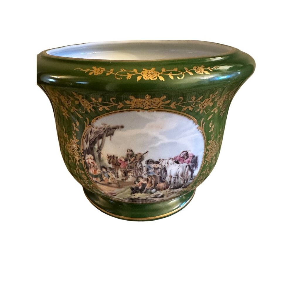 French Style Decor Andrea by Sadek Green Porcelain Planter w/ Gold Floral Trim